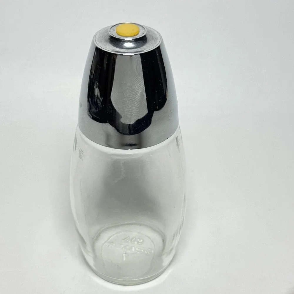 Vintage Gemco Glass Sugar Dispenser Chrome Lid Yellow Button MCM Made in USA